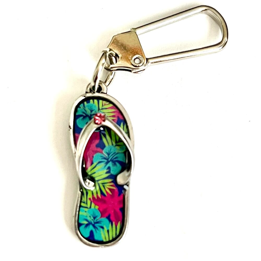 Flip Flop Zipper Pull Clip Charm Keychain Bag Purse Hibiscus Metal Island Beach